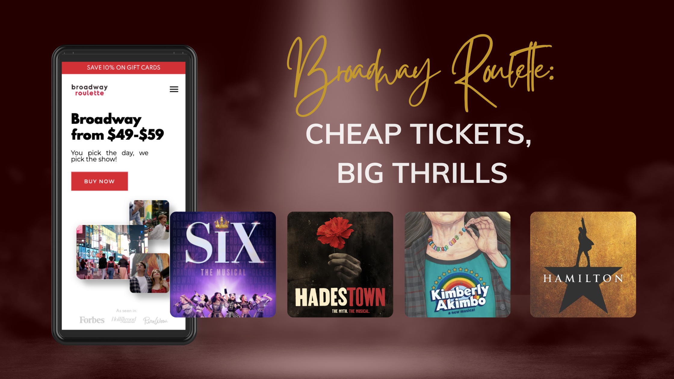 Blog Banner image with posters of four shows, a screenshot of the broadway roulette website, and the text "Broadway Roulette: Cheap Tickets, Big Thrills"